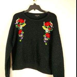 New Look Flower Embroidery Black Sweater Top